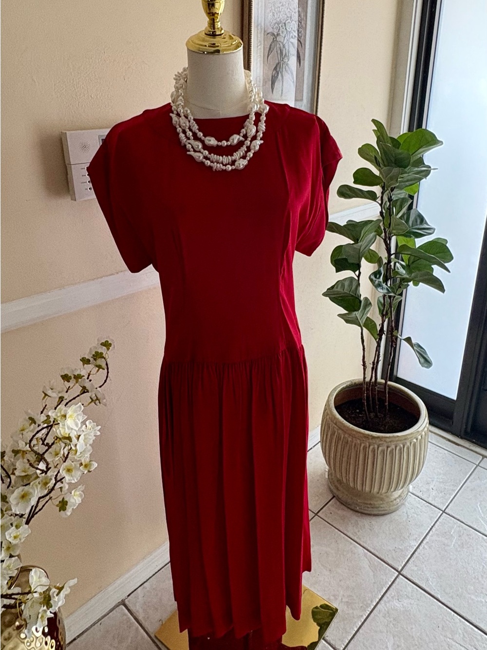 Albert Nipon Crimson Short-Sleeve Midi Dress